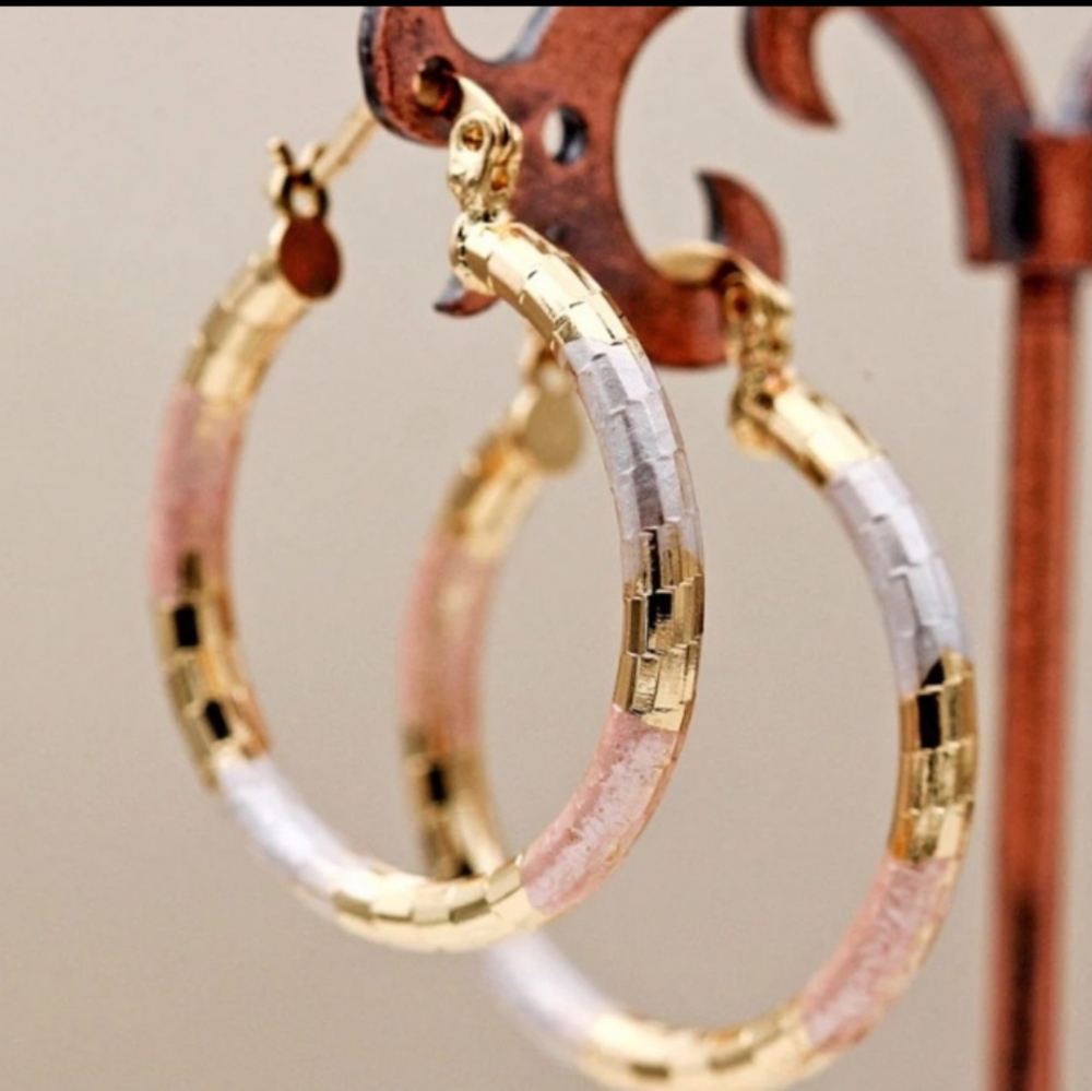 Tri Tone Classy Diamond Cut Hoop Earrings Ear Ring